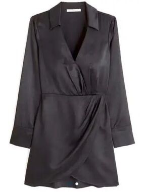 Abercrombie NWT Black Satin Wrap-Front Long-Sleeve Mini Dress with Collar Sm